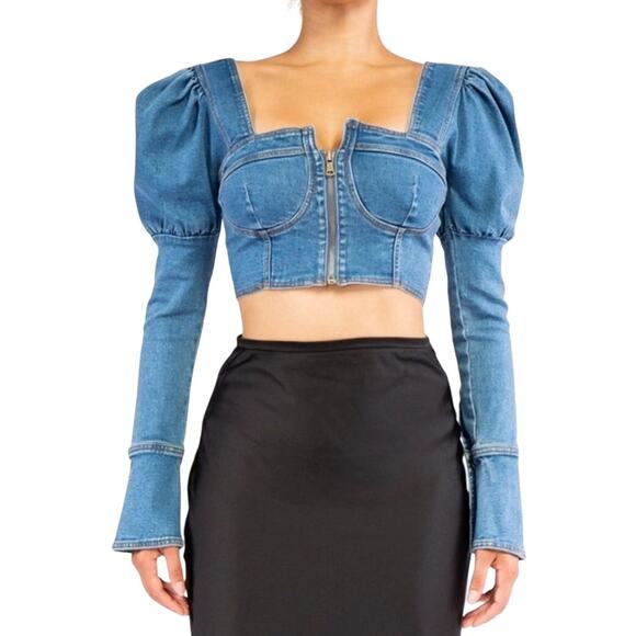 NEW Akira Stretch Denim Puff Sleeve Crop Top M Blue Long‎ Sleeve NWT - Picture 1 of 9